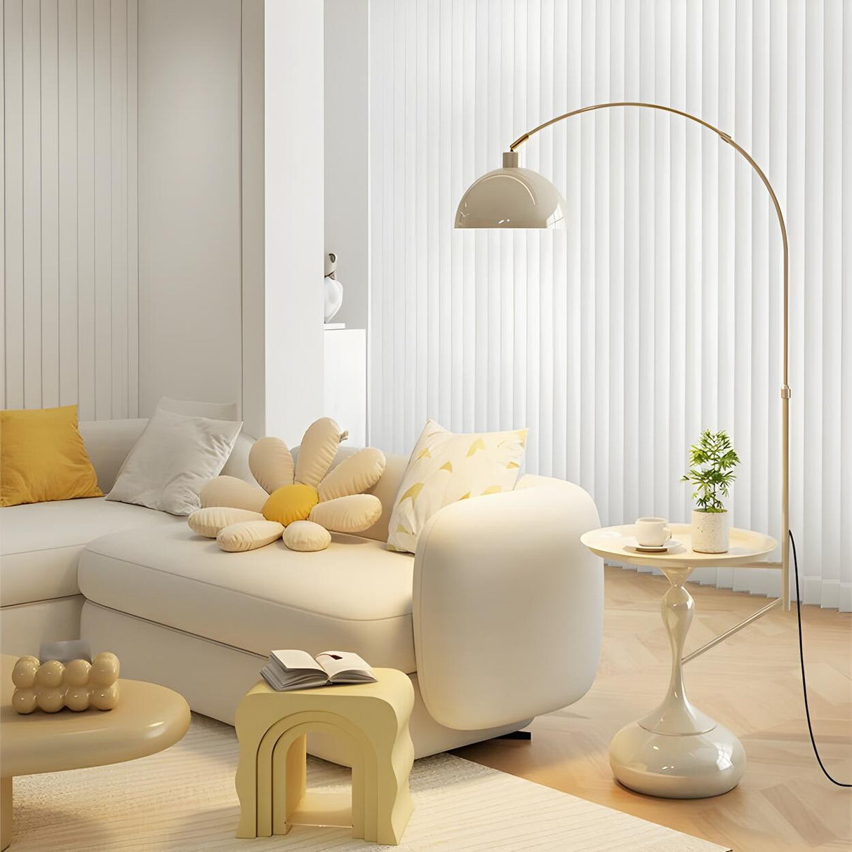 Glossy Dome Integrated Side Table Arched Floor Lamp Image - 3