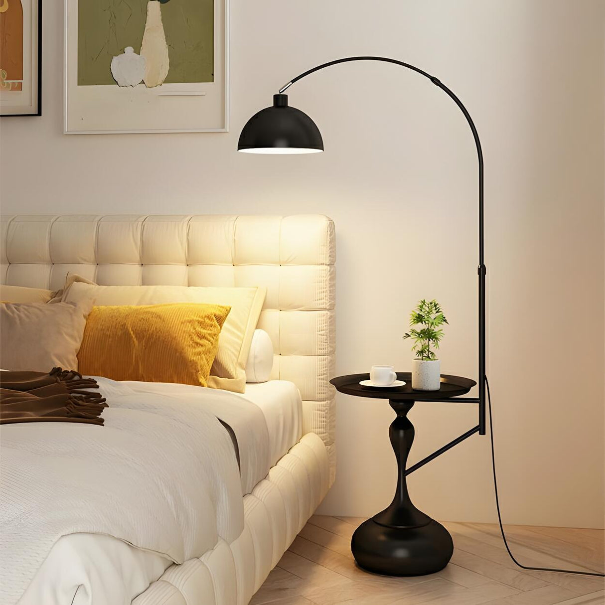 Glossy Dome Integrated Side Table Arched Floor Lamp Image - 4