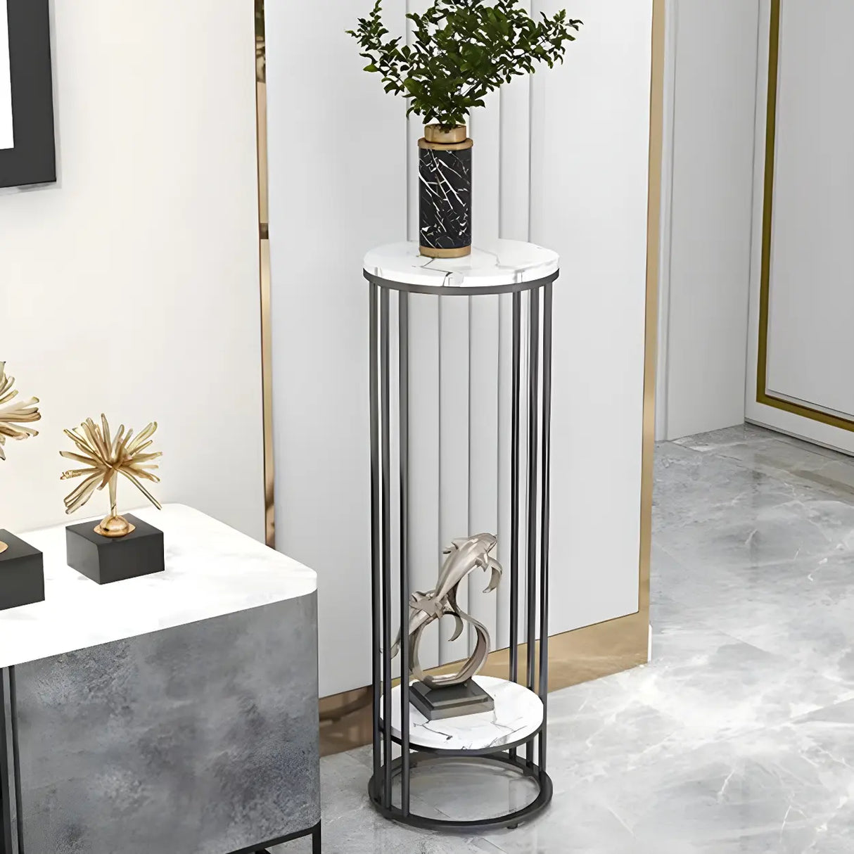 Gold 2-Tier Modish Round Marble Metal Frame Plant Stand Image - 11