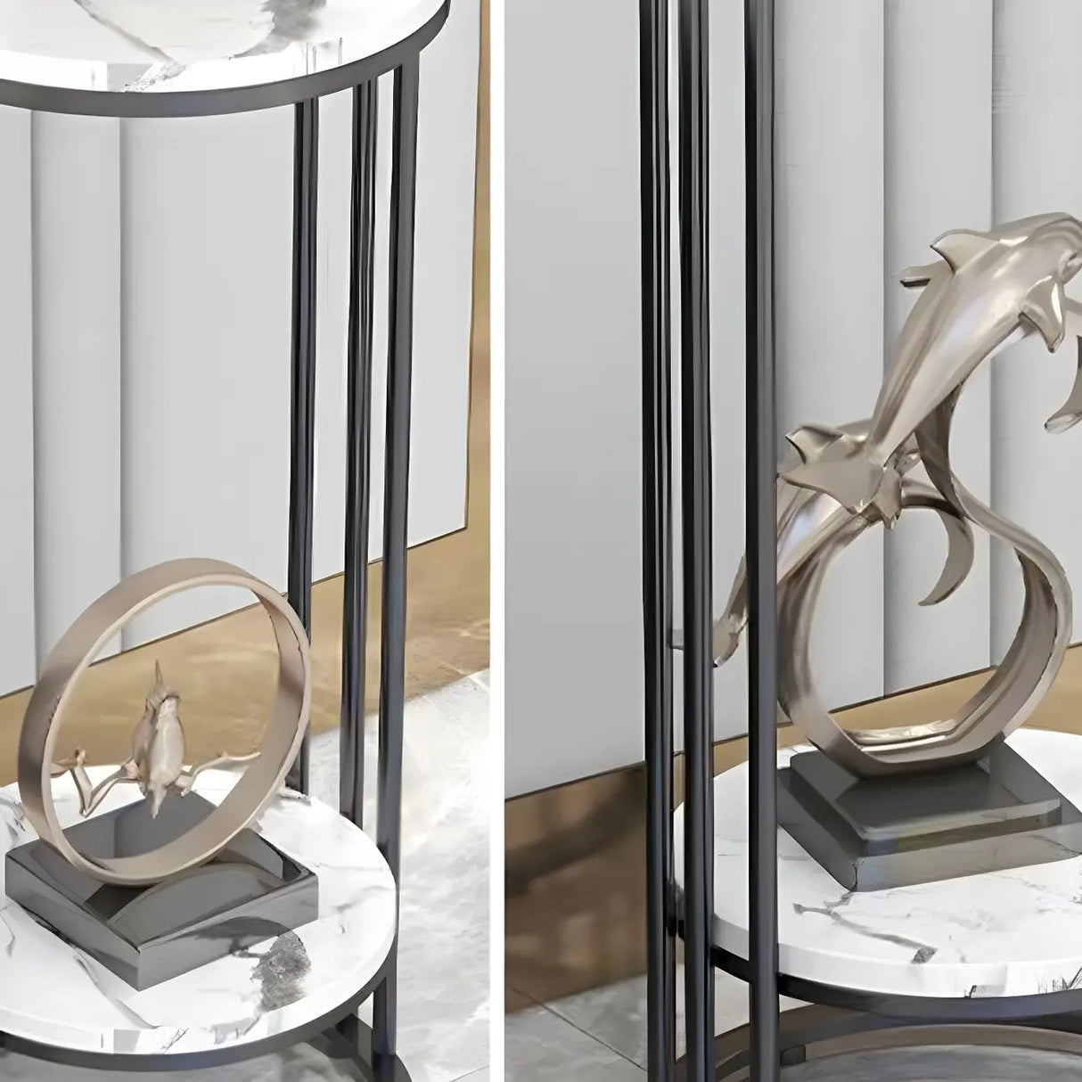 Gold 2-Tier Modish Round Marble Metal Frame Plant Stand Image - 12