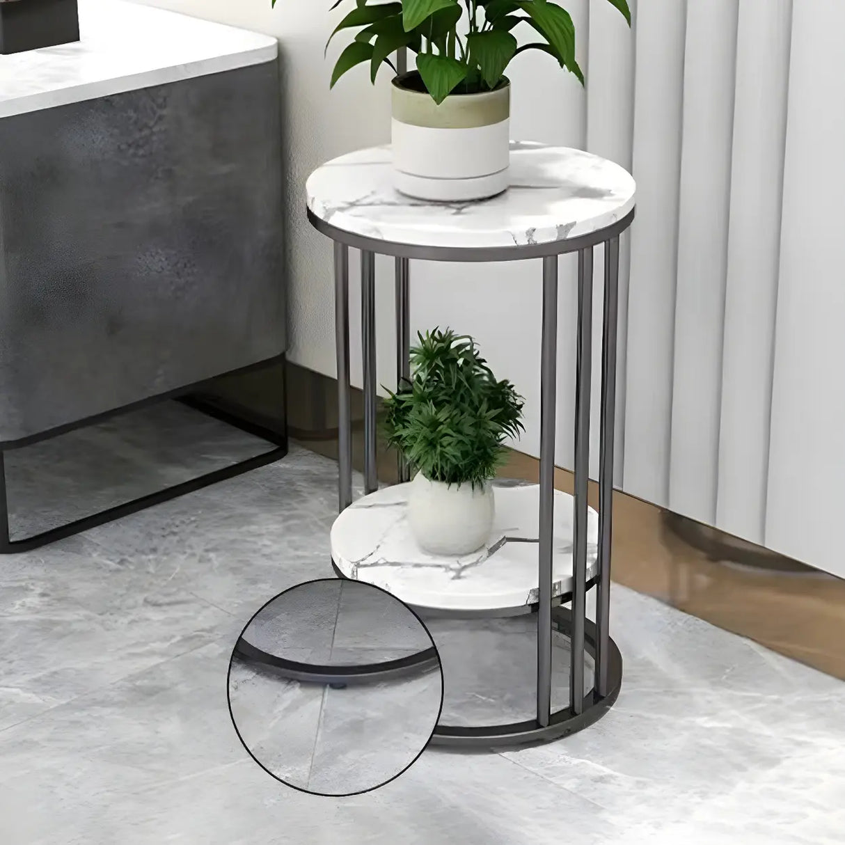 Gold 2-Tier Modish Round Marble Metal Frame Plant Stand Image - 13
