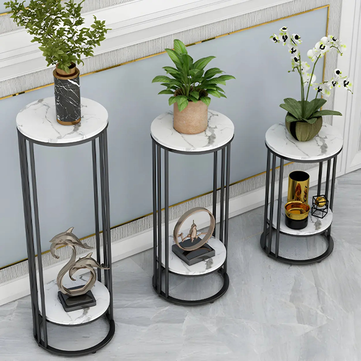 Gold 2-Tier Modish Round Marble Metal Frame Plant Stand Image - 15