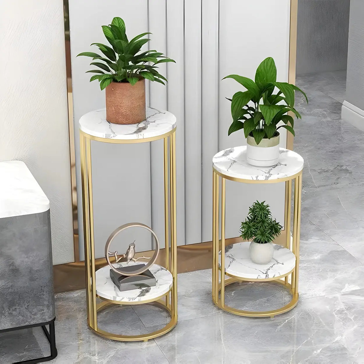Gold 2-Tier Modish Round Marble Metal Frame Plant Stand Image - 1