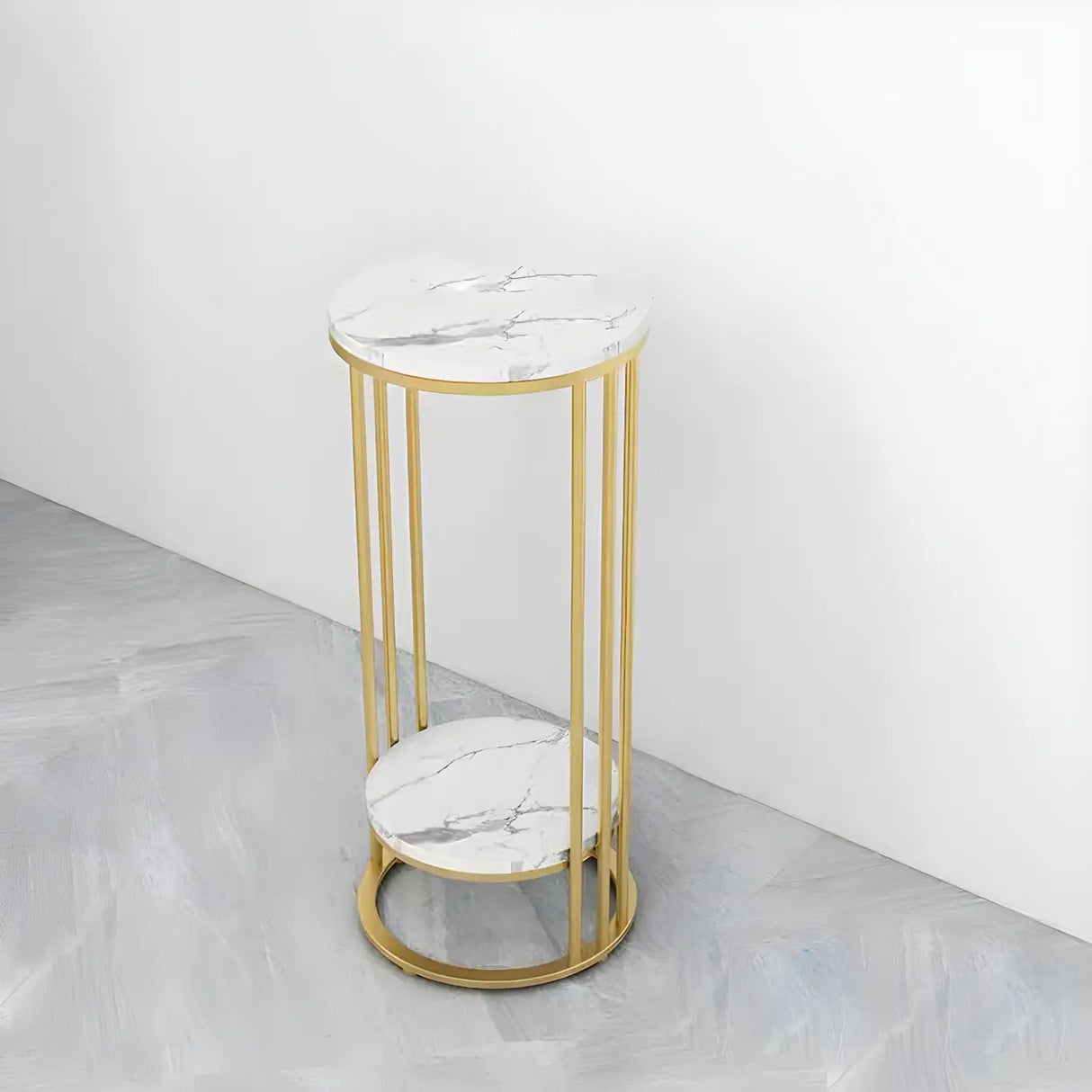 Gold 2-Tier Modish Round Marble Metal Frame Plant Stand Image - 2