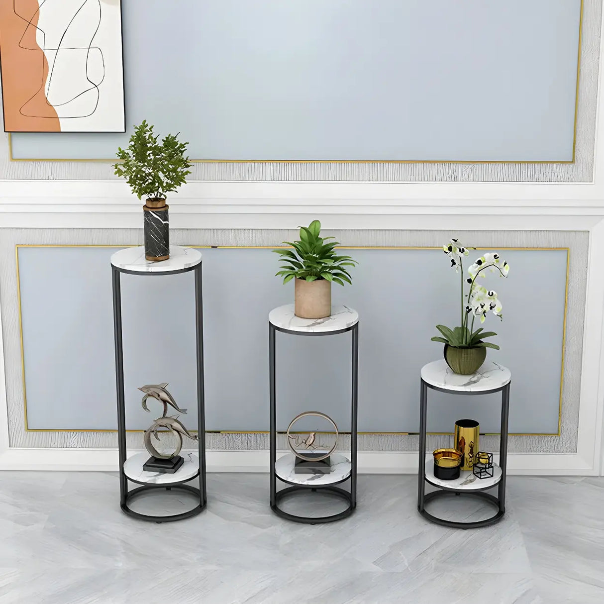 Gold 2-Tier Modish Round Marble Metal Frame Plant Stand Image - 16