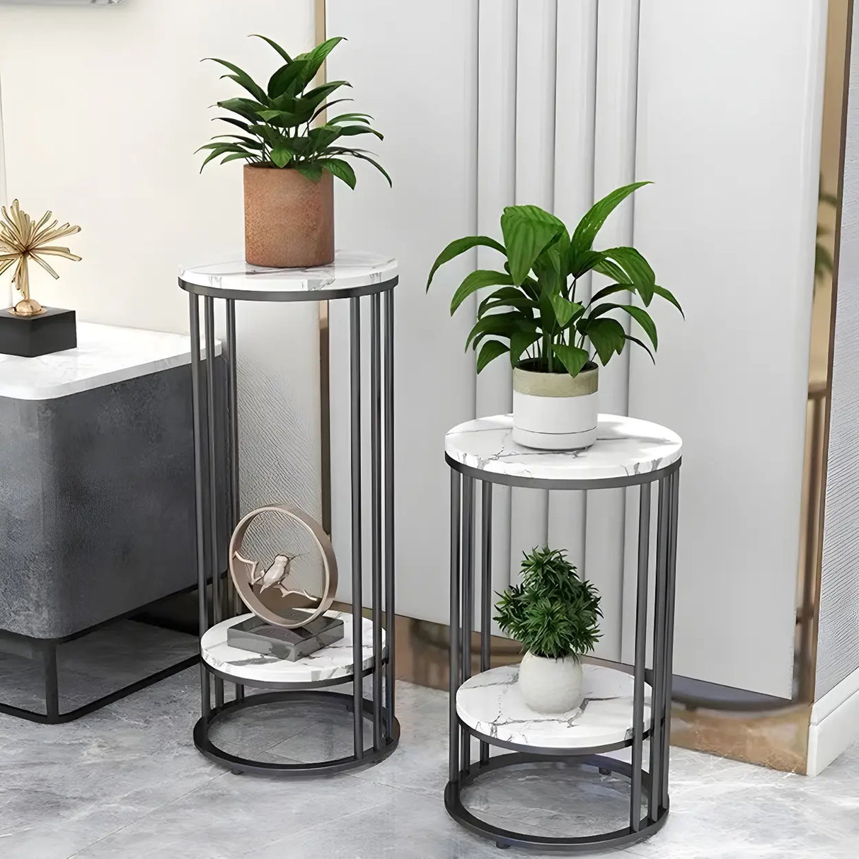 Gold 2-Tier Modish Round Marble Metal Frame Plant Stand Image - 4