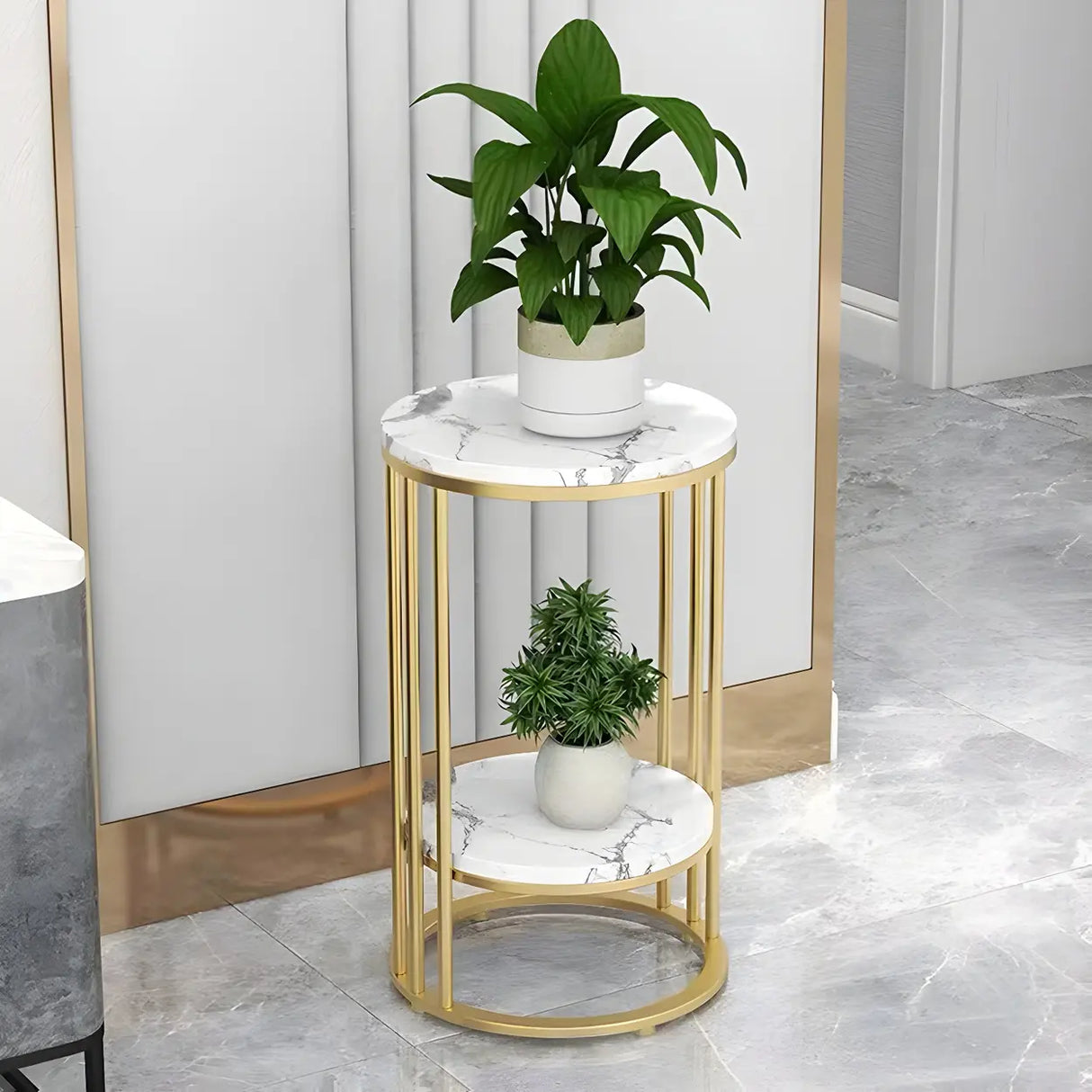Gold 2-Tier Modish Round Marble Metal Frame Plant Stand Image - 6