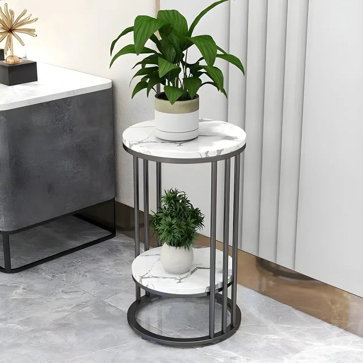 Gold 2-Tier Modish Round Marble Metal Frame Plant Stand Image - 7