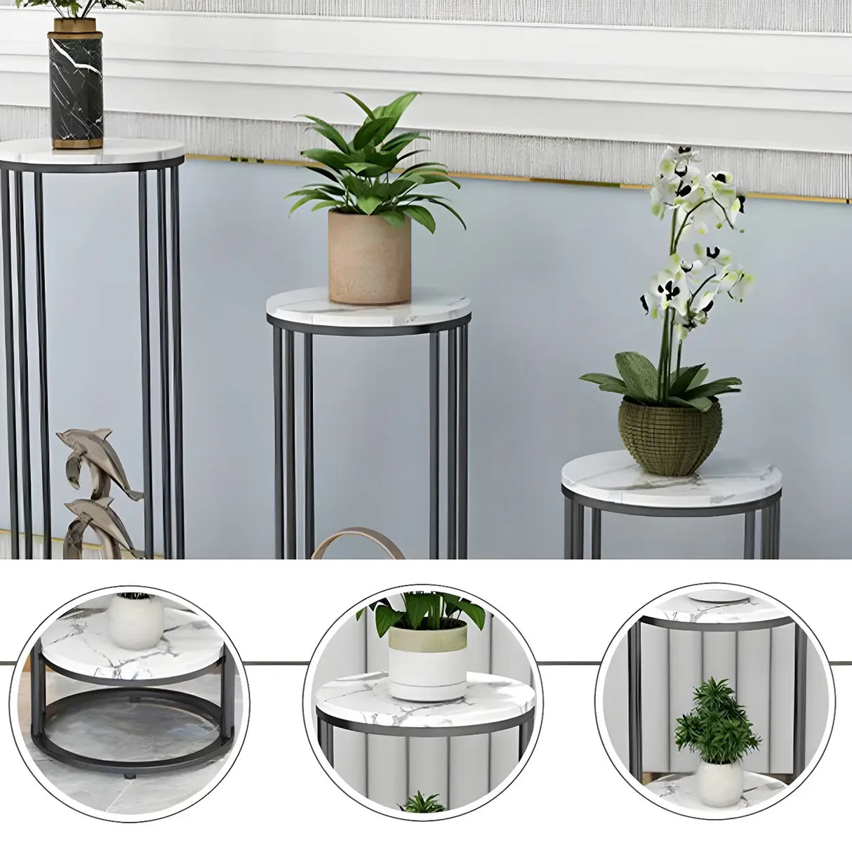 Gold 2-Tier Modish Round Marble Metal Frame Plant Stand Image - 8