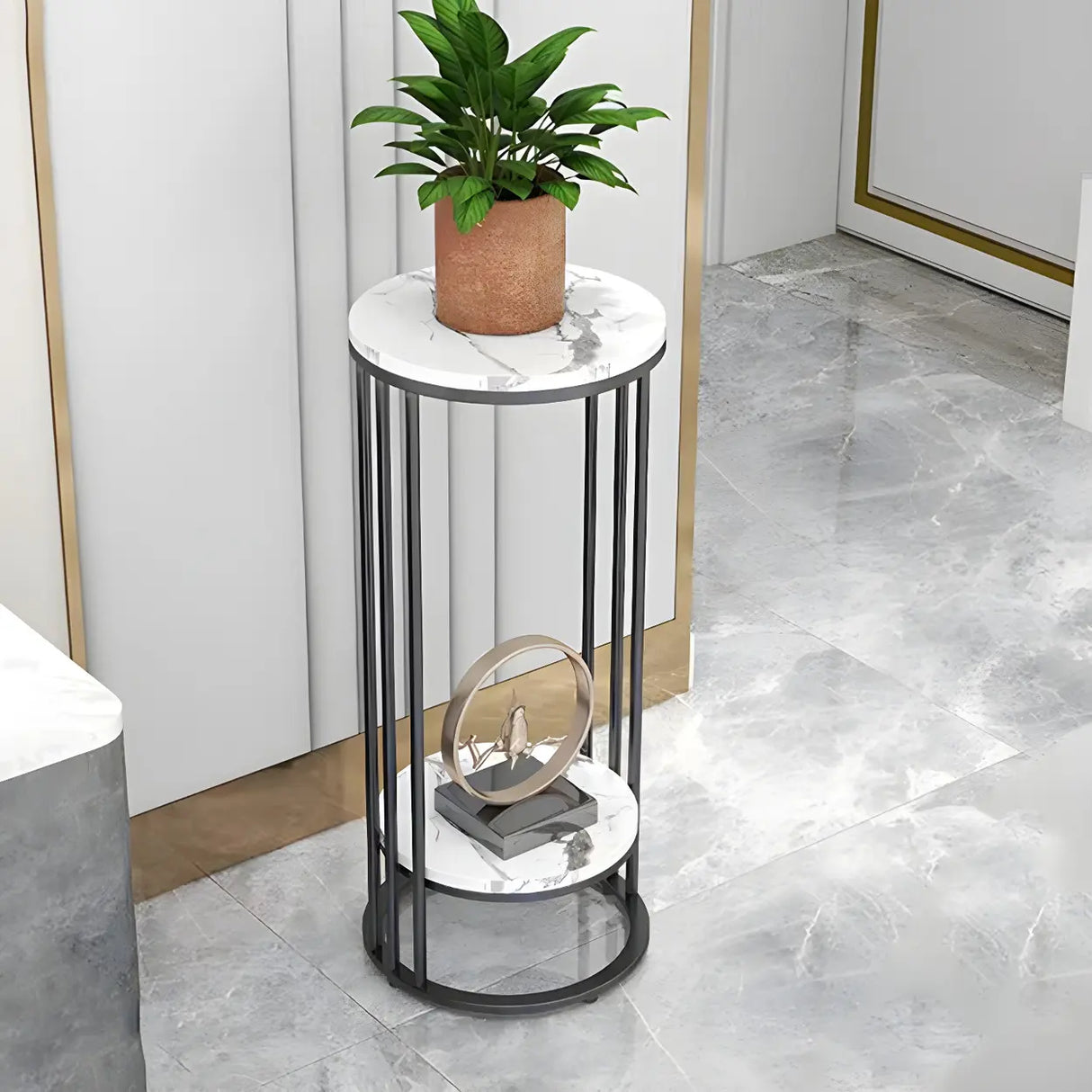 Gold 2-Tier Modish Round Marble Metal Frame Plant Stand Image - 9