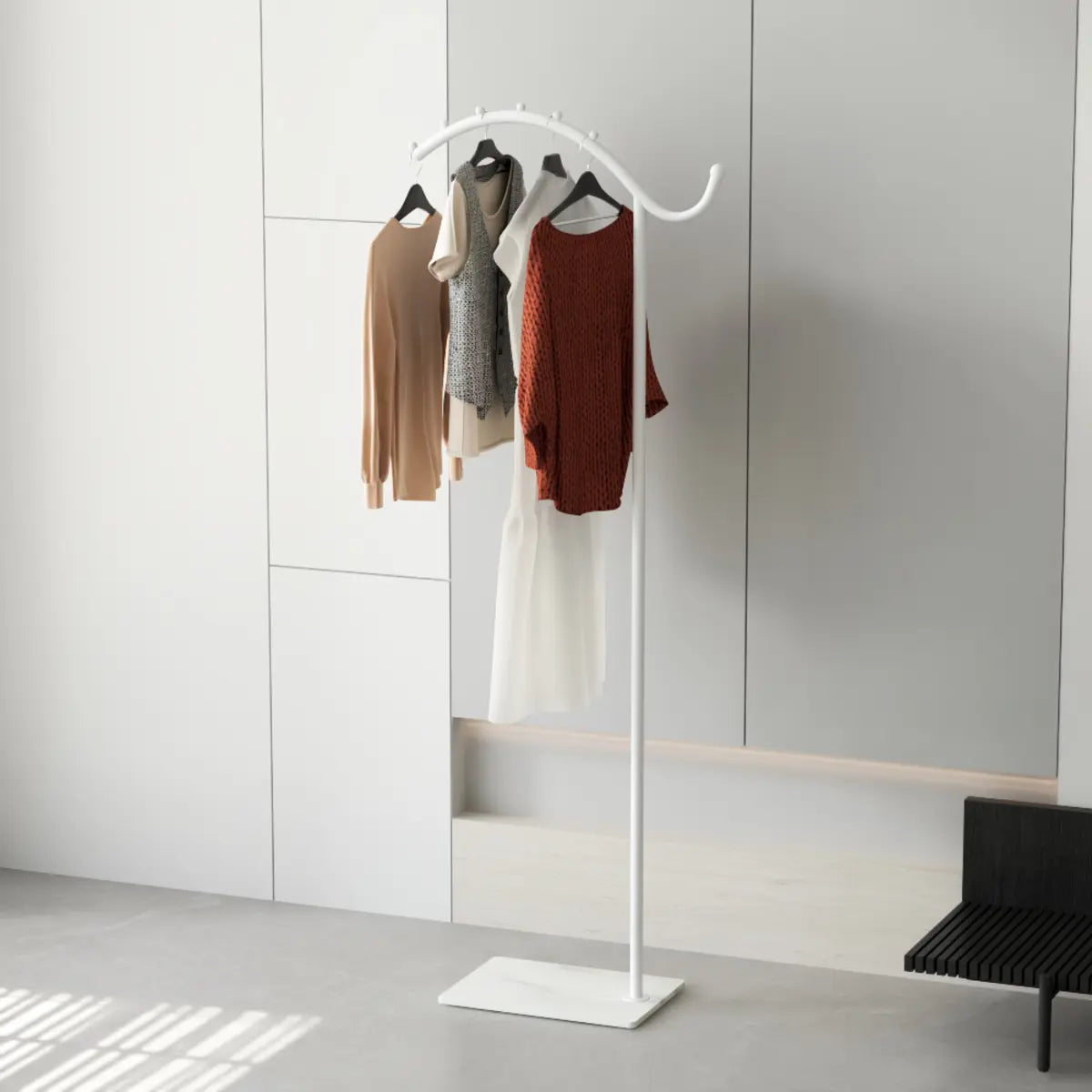 Gold and White Curved Metal Frame Hooks Entry Coat Rack Image - 10