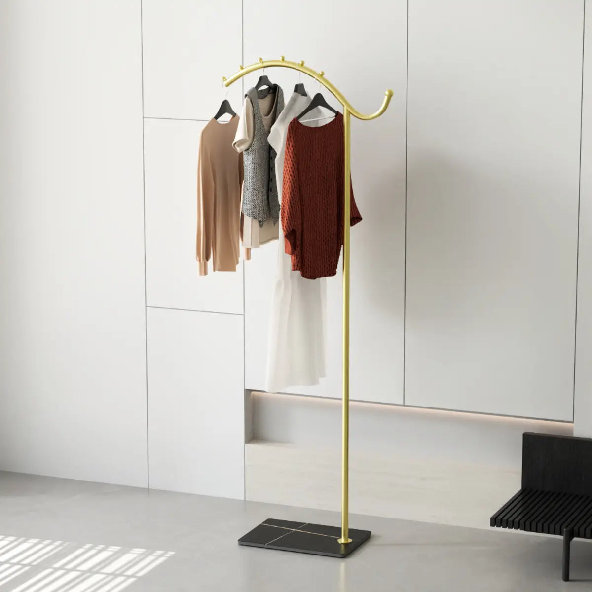 Gold and White Curved Metal Frame Hooks Entry Coat Rack Image - 11