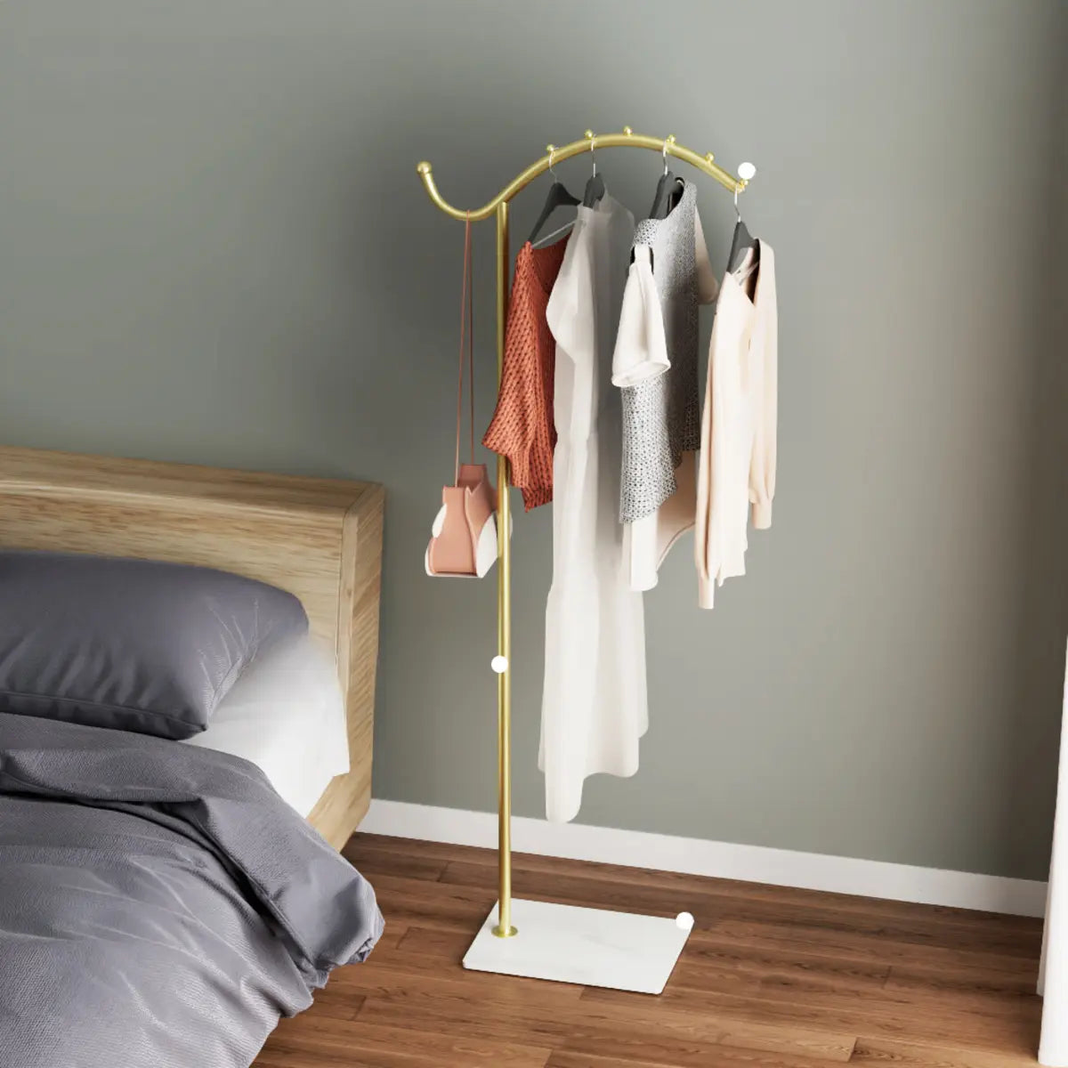 Gold and White Curved Metal Frame Hooks Entry Coat Rack Image - 12