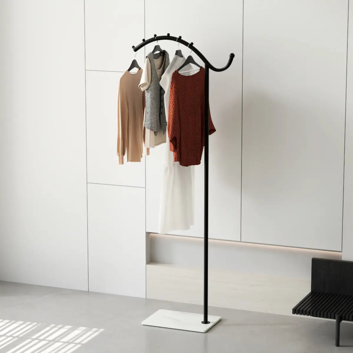 Gold and White Curved Metal Frame Hooks Entry Coat Rack Image - 4