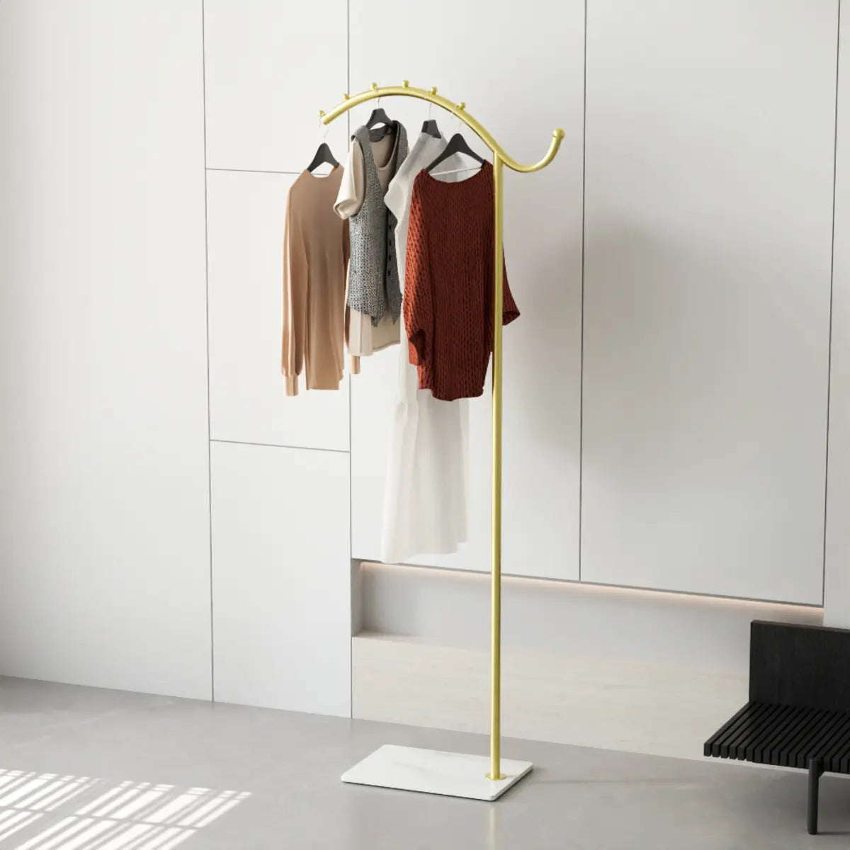 Gold and White Curved Metal Frame Hooks Entry Coat Rack Image - 5