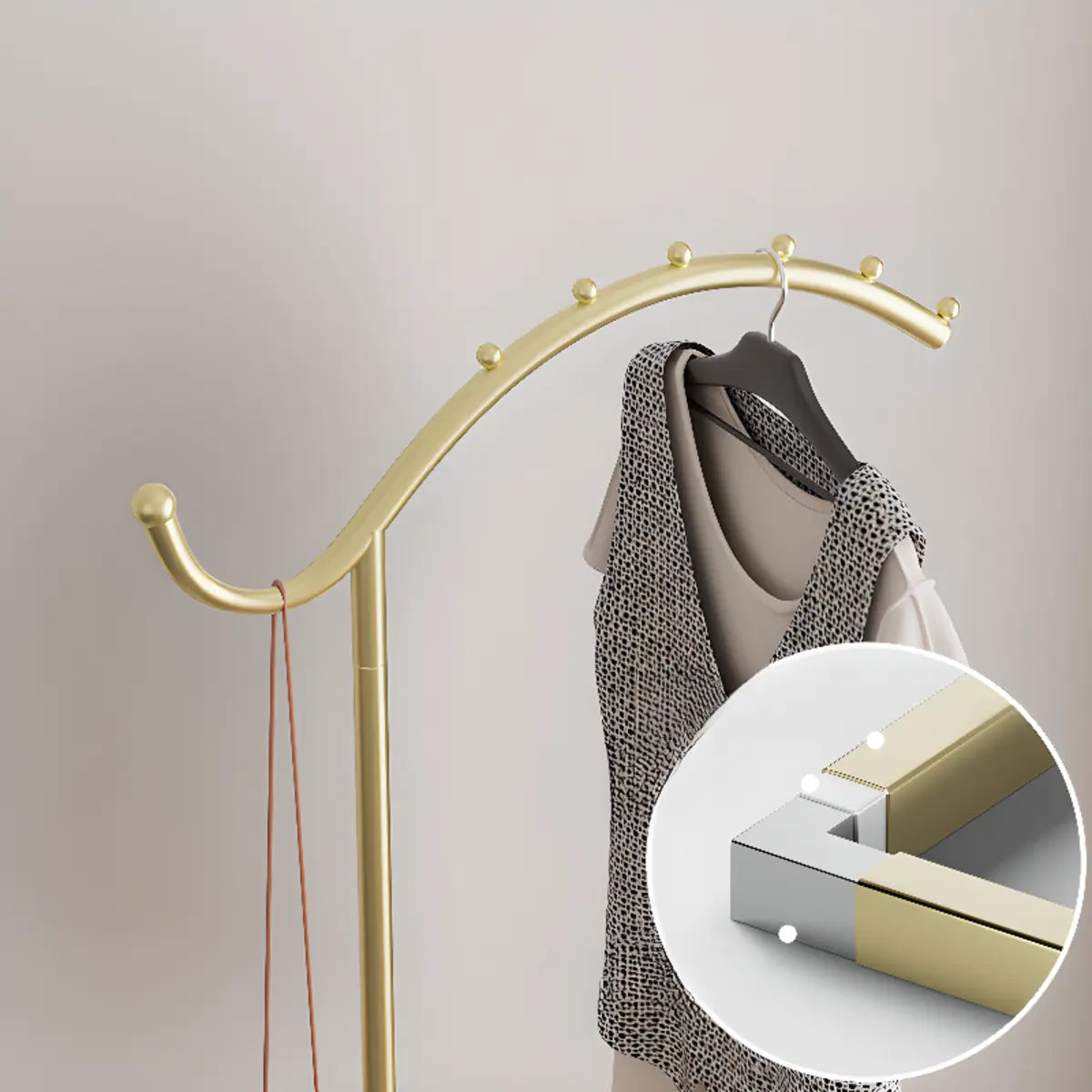 Gold and White Curved Metal Frame Hooks Entry Coat Rack Image - 8