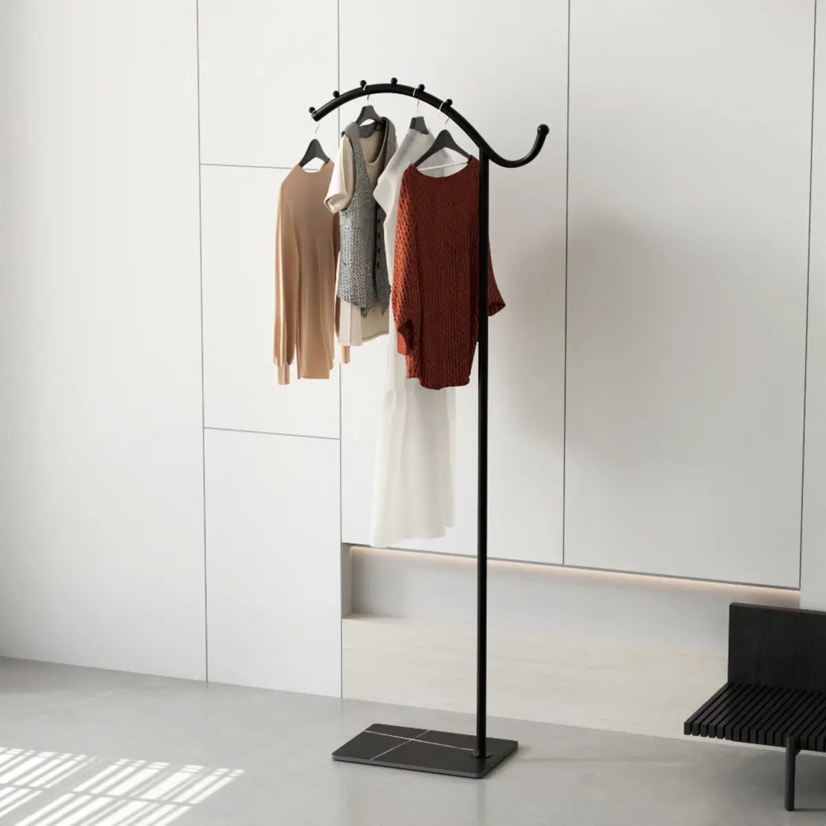 Gold and White Curved Metal Frame Hooks Entry Coat Rack Image - 9