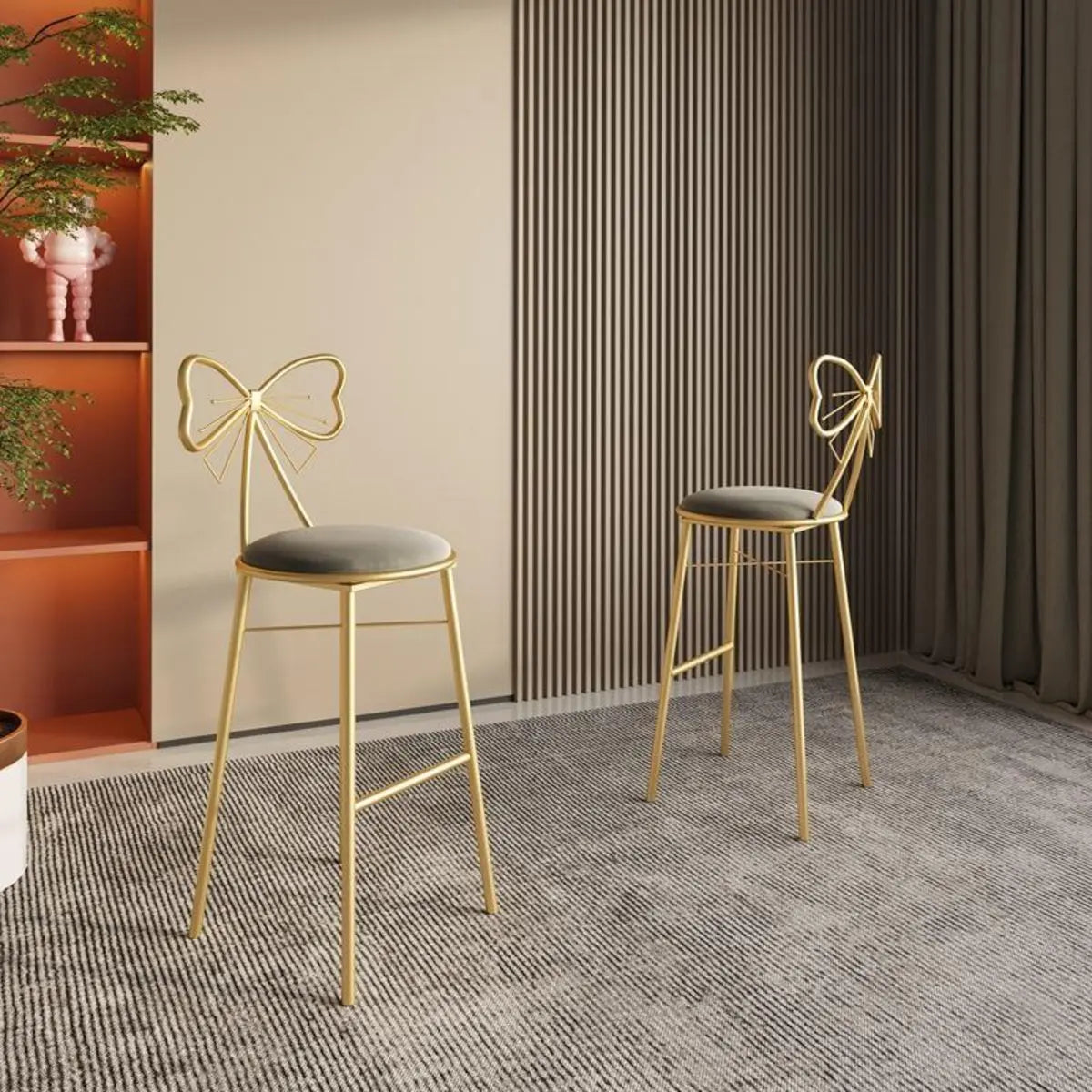 Gold Butterfly Round Velvet Upholstered Tall Bar Stool Image - 6