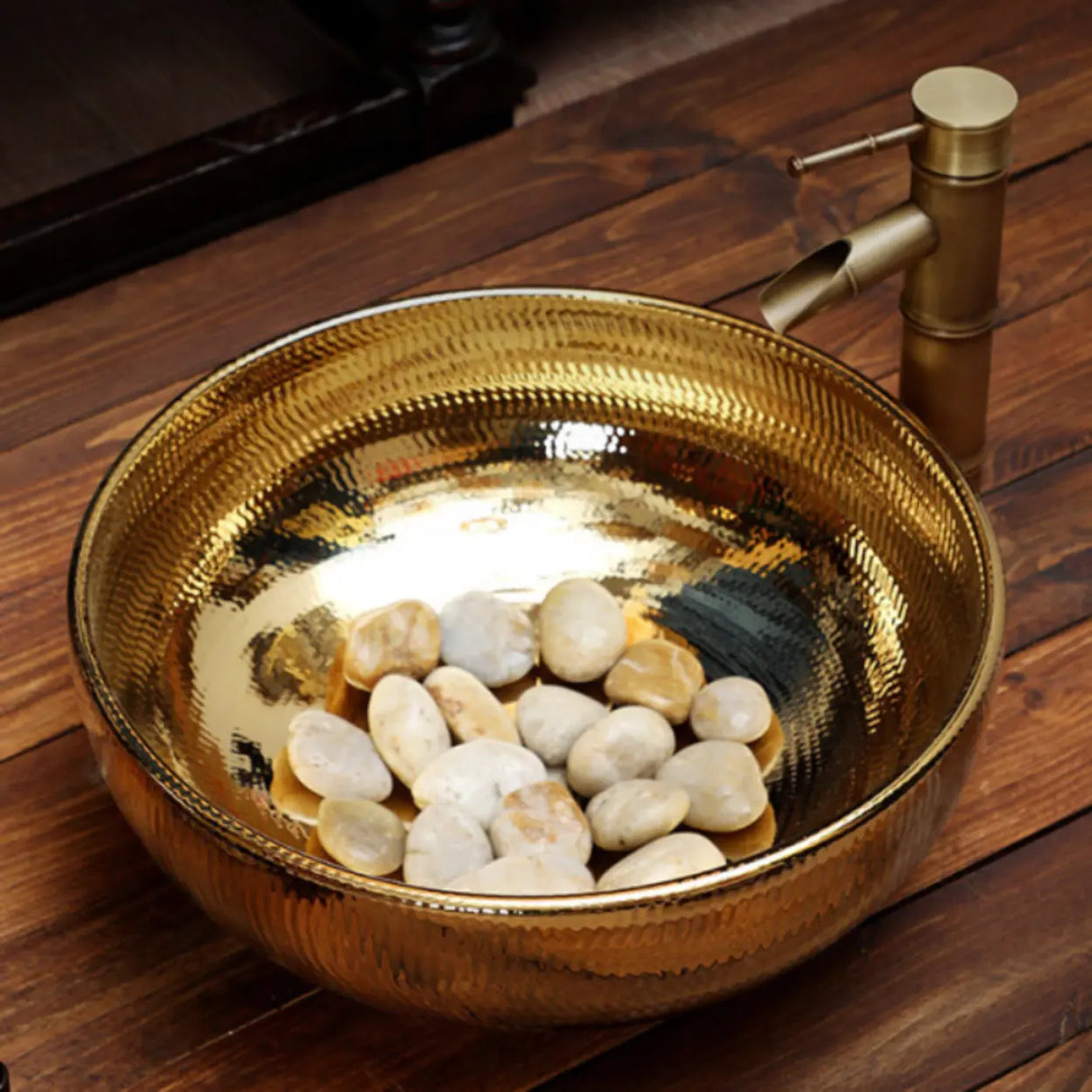 Gold Circular Hand Carved Ceramic Bathroom Vessel Sinks Image - 1