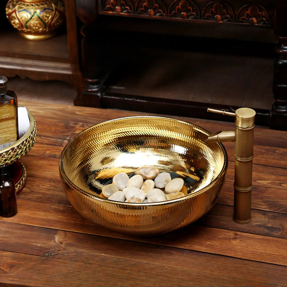 Gold Circular Hand Carved Ceramic Bathroom Vessel Sinks Image - 3