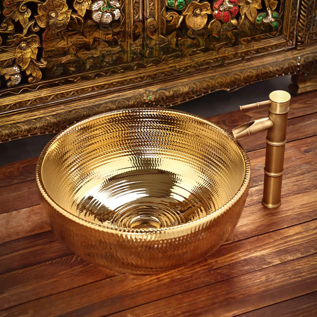 Gold Circular Hand Carved Ceramic Bathroom Vessel Sinks Image - 12