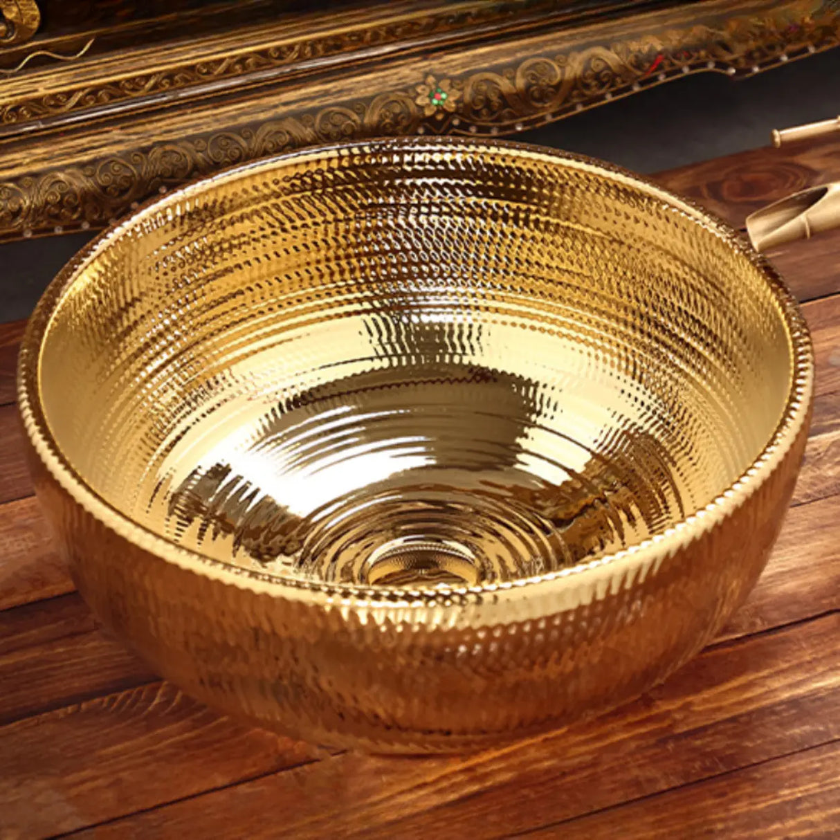 Gold Circular Hand Carved Ceramic Bathroom Vessel Sinks Image - 13