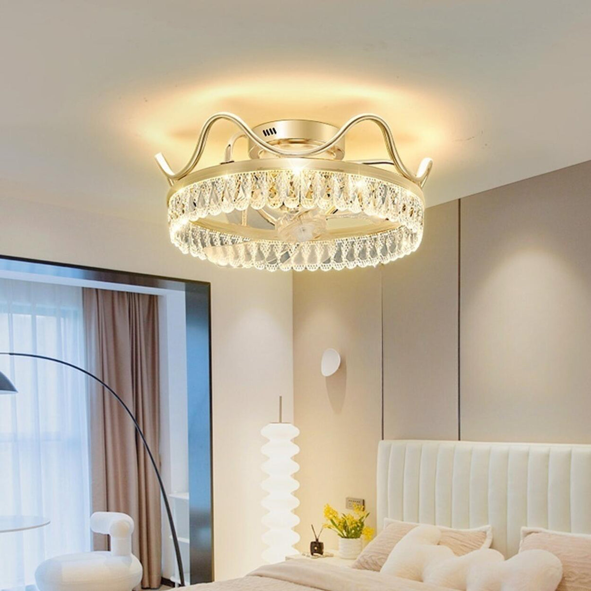 Gold Elegant Crown Crystal Flush Ceiling Fan with Light Image - 1