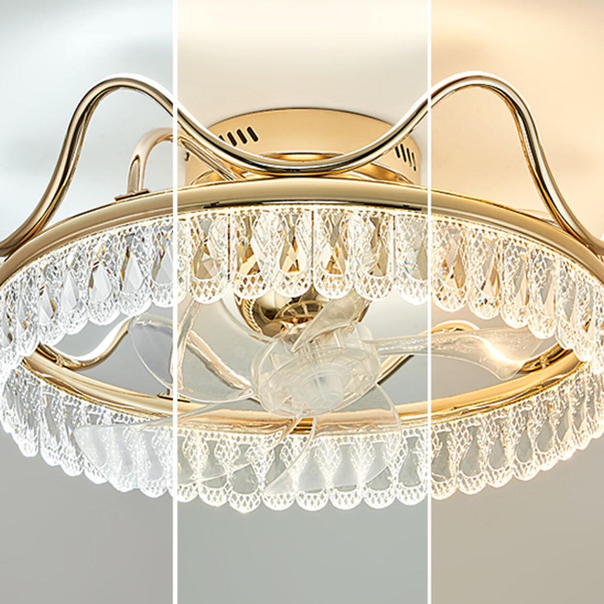 Gold Elegant Crown Crystal Flush Ceiling Fan with Light Image - 11