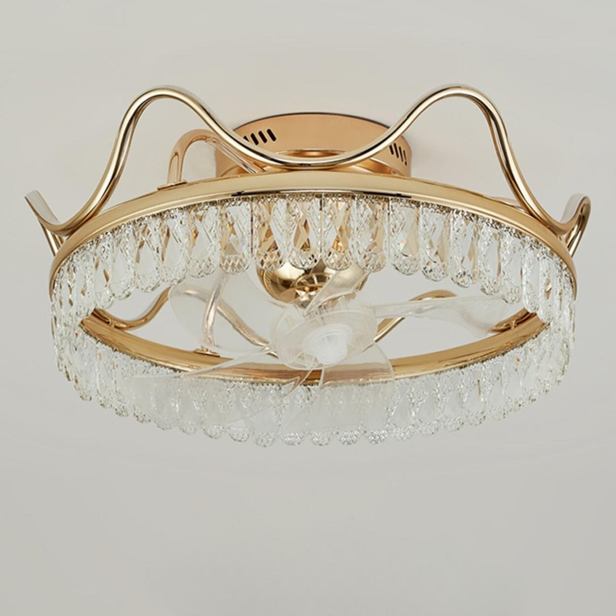 Gold Elegant Crown Crystal Flush Ceiling Fan with Light Image - 12