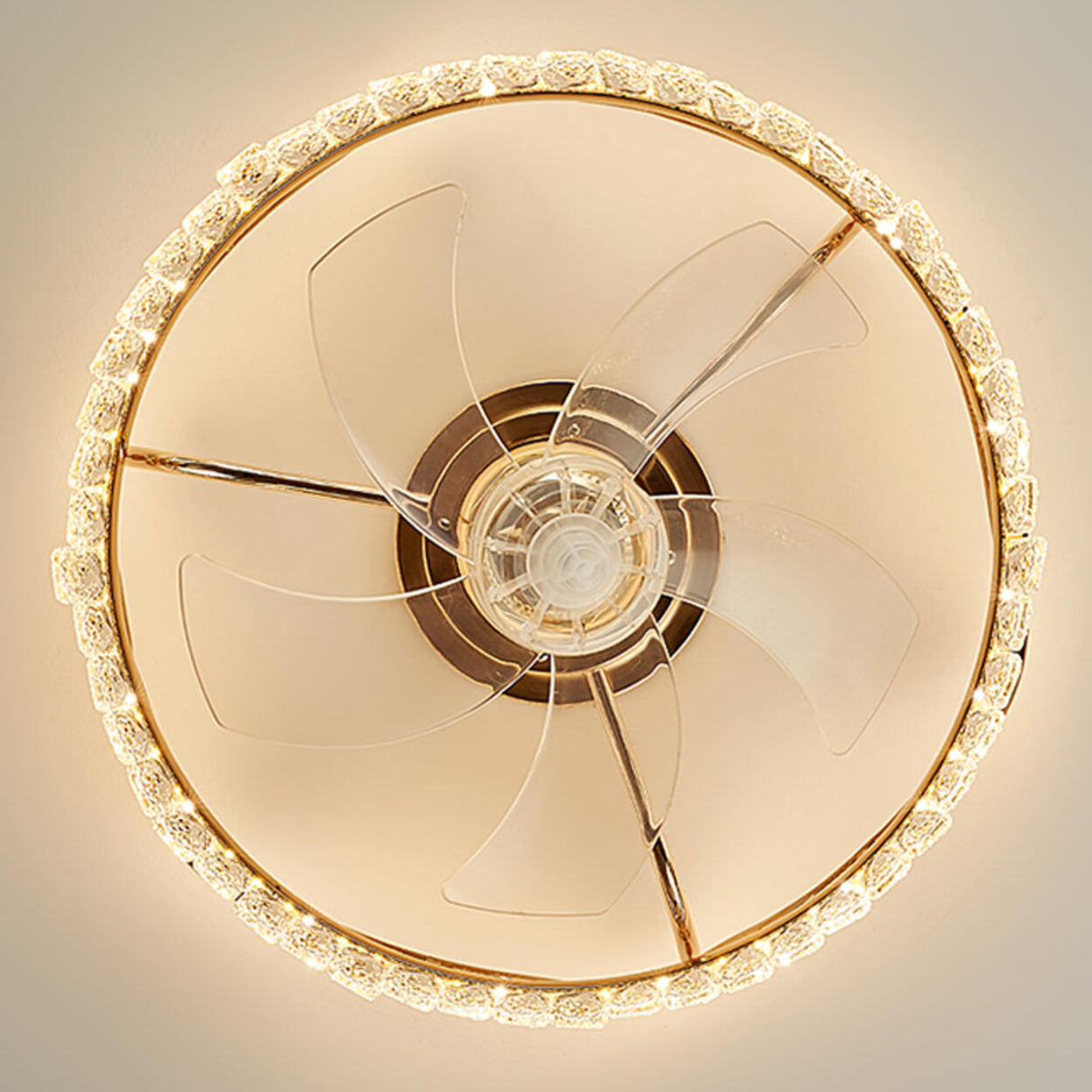 Gold Elegant Crown Crystal Flush Ceiling Fan with Light Image - 13