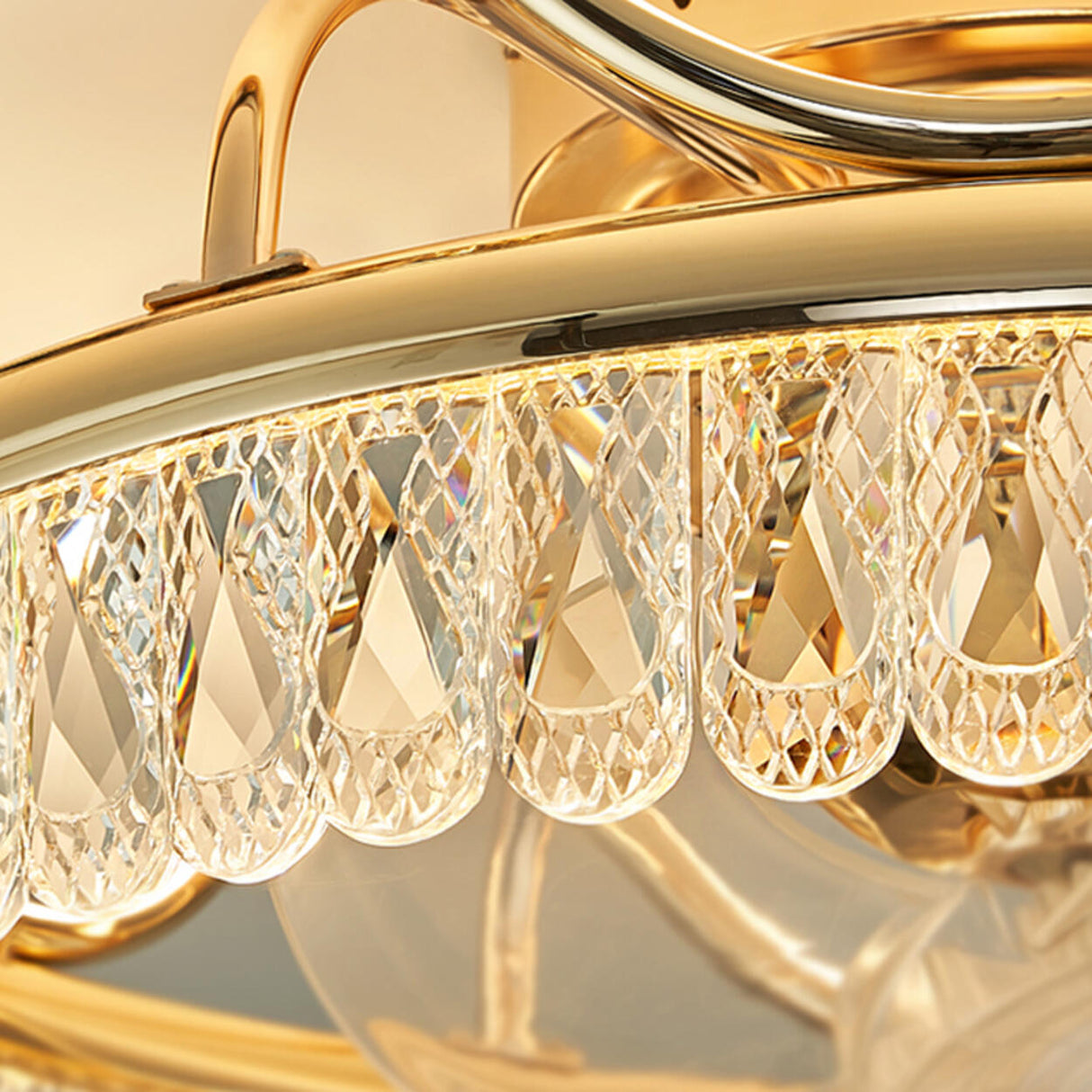 Gold Elegant Crown Crystal Flush Ceiling Fan with Light Image - 14
