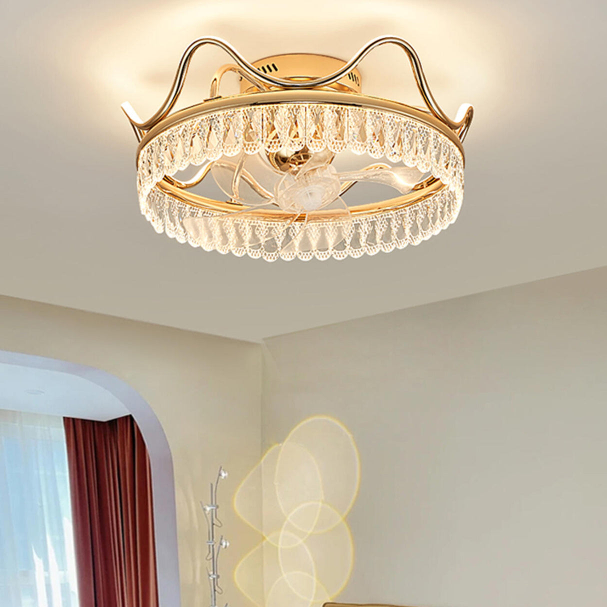 Gold Elegant Crown Crystal Flush Ceiling Fan with Light Image - 16