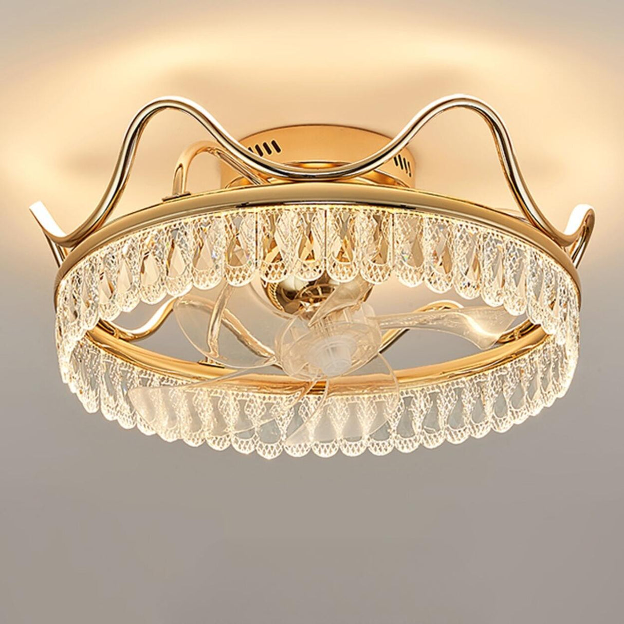 Gold Elegant Crown Crystal Flush Ceiling Fan with Light Image - 17
