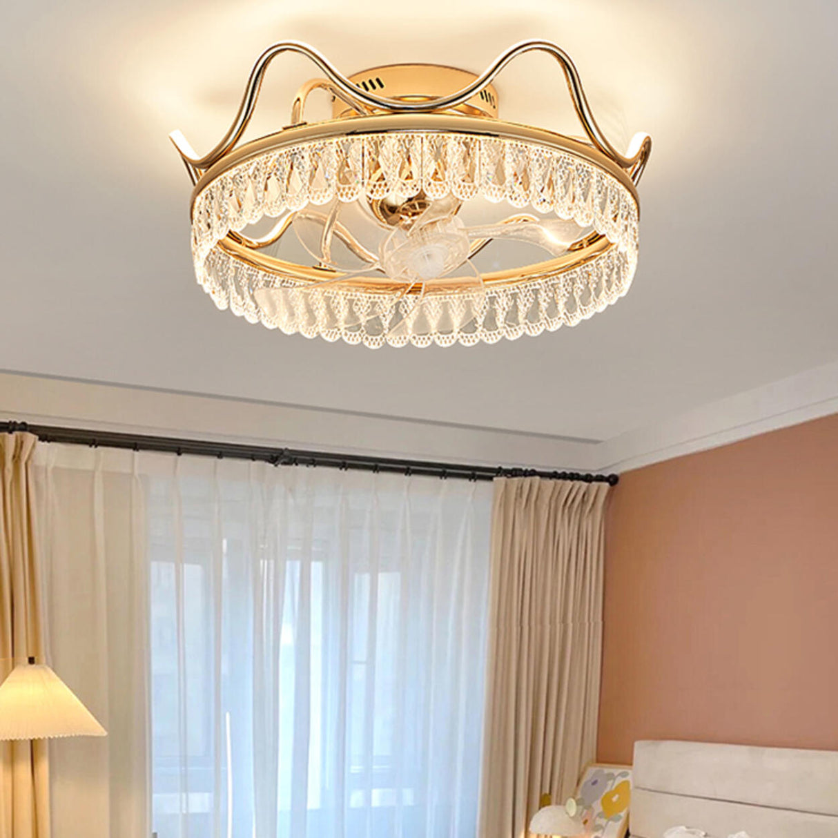 Gold Elegant Crown Crystal Flush Ceiling Fan with Light Image - 19