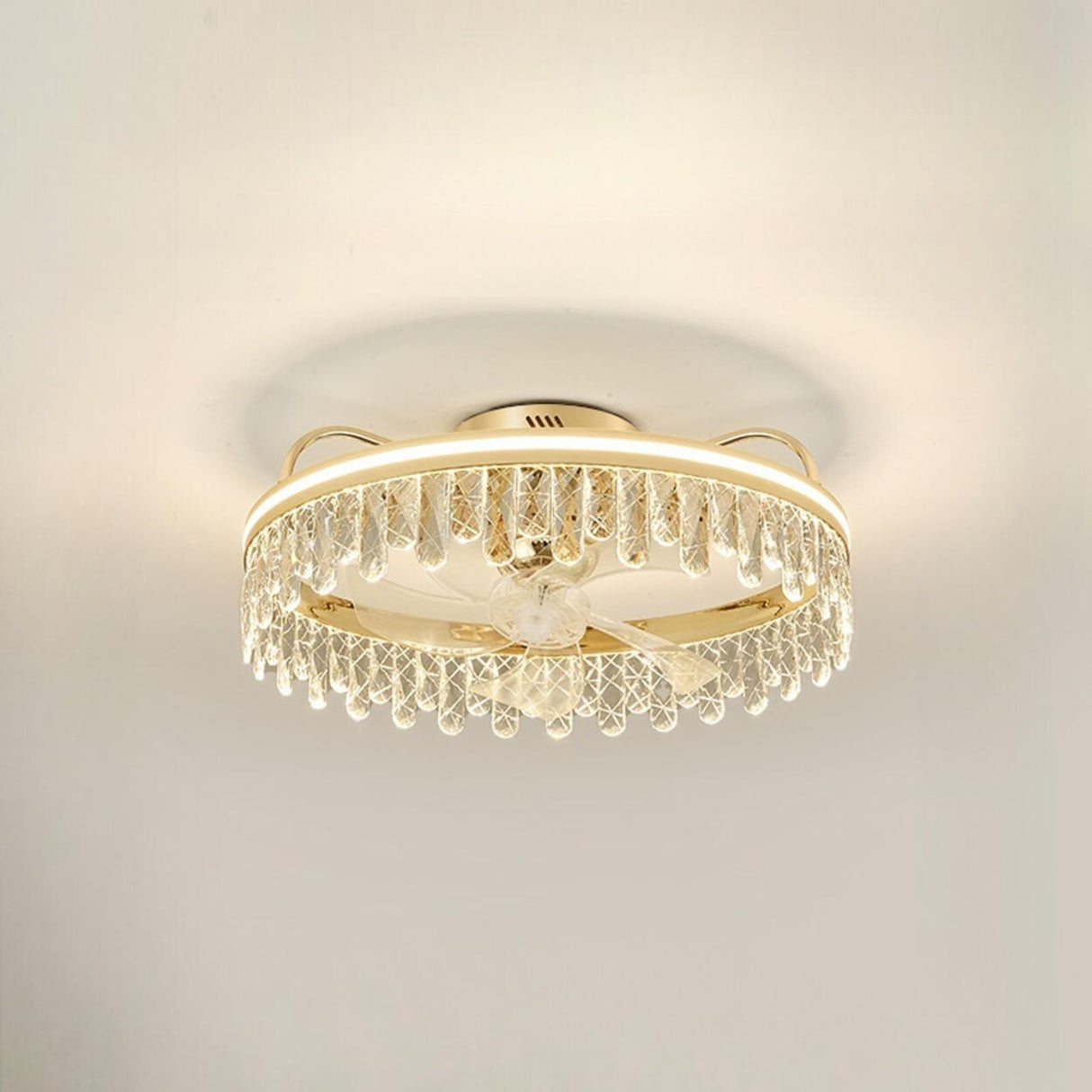 Gold Elegant Crown Crystal Flush Ceiling Fan with Light Image - 2