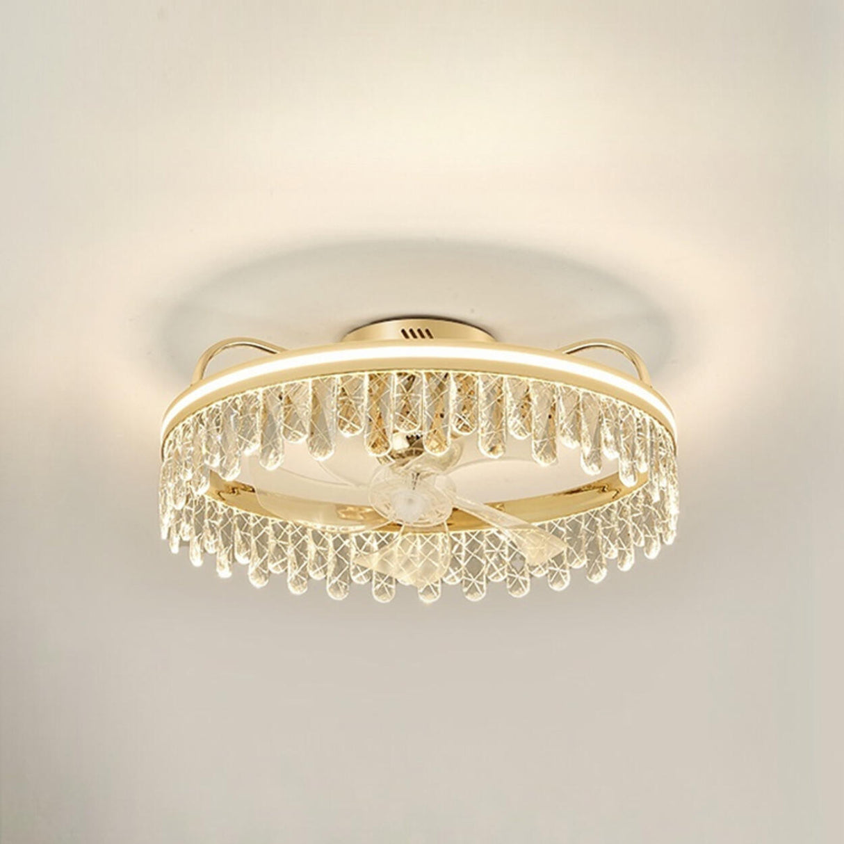 Gold Elegant Crown Crystal Flush Ceiling Fan with Light Image - 3