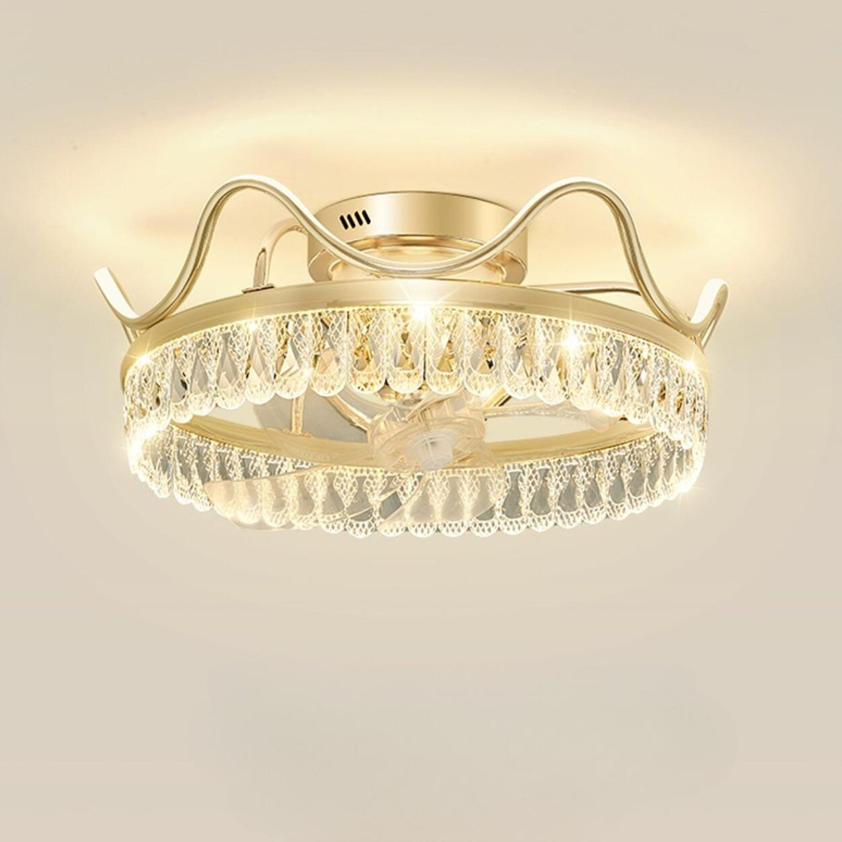 Gold Elegant Crown Crystal Flush Ceiling Fan with Light Image - 4