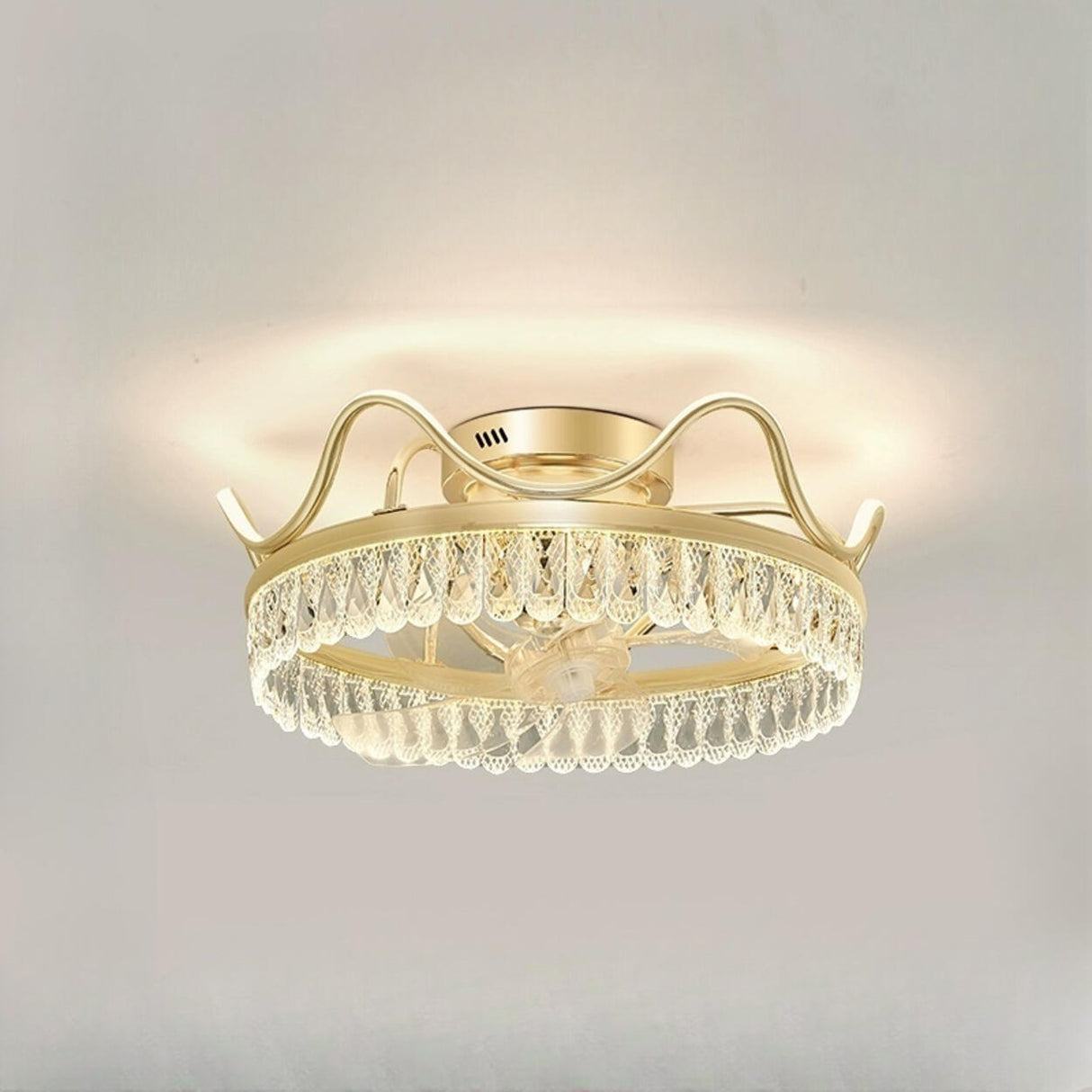 Gold Elegant Crown Crystal Flush Ceiling Fan with Light Image - 5