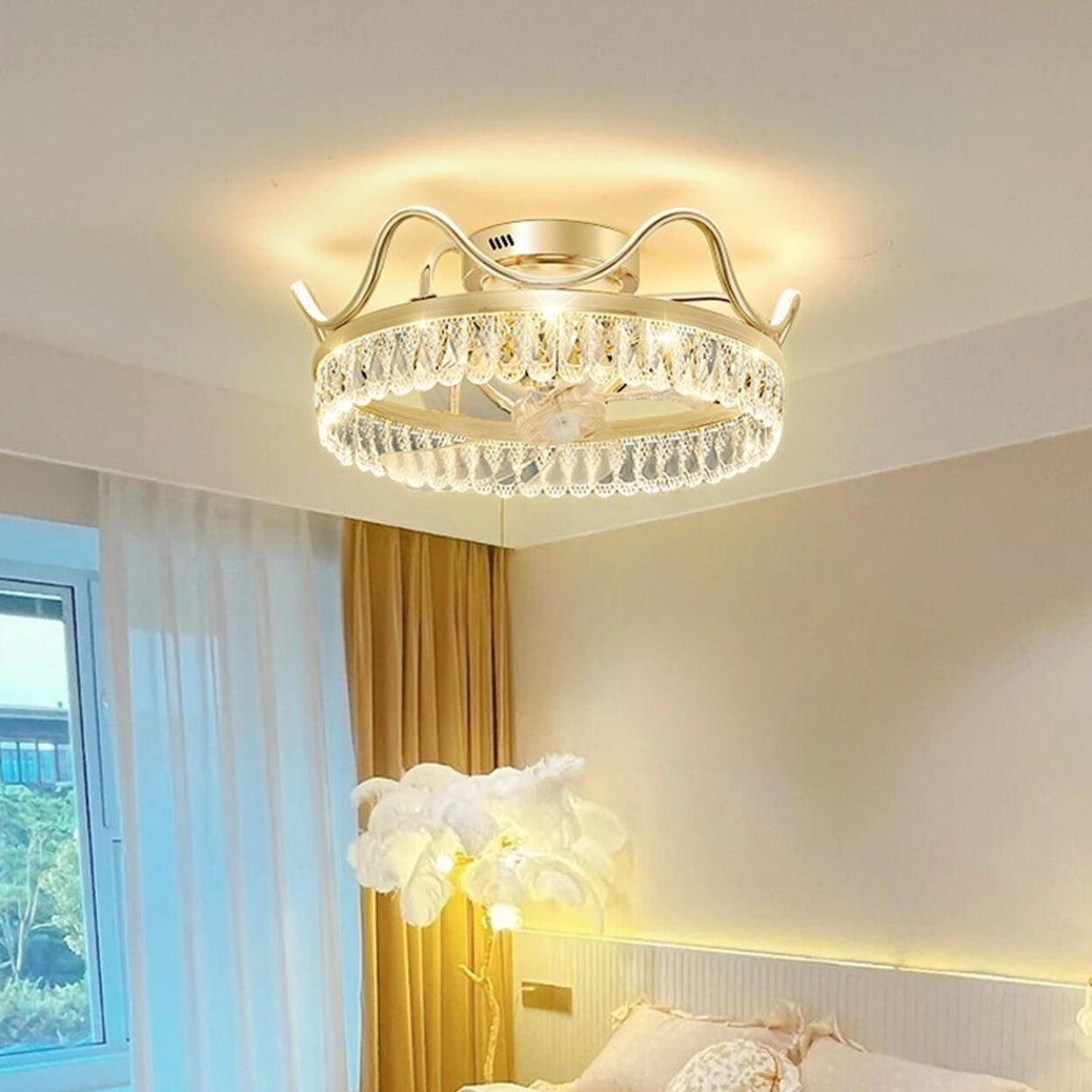 Gold Elegant Crown Crystal Flush Ceiling Fan with Light Image - 6