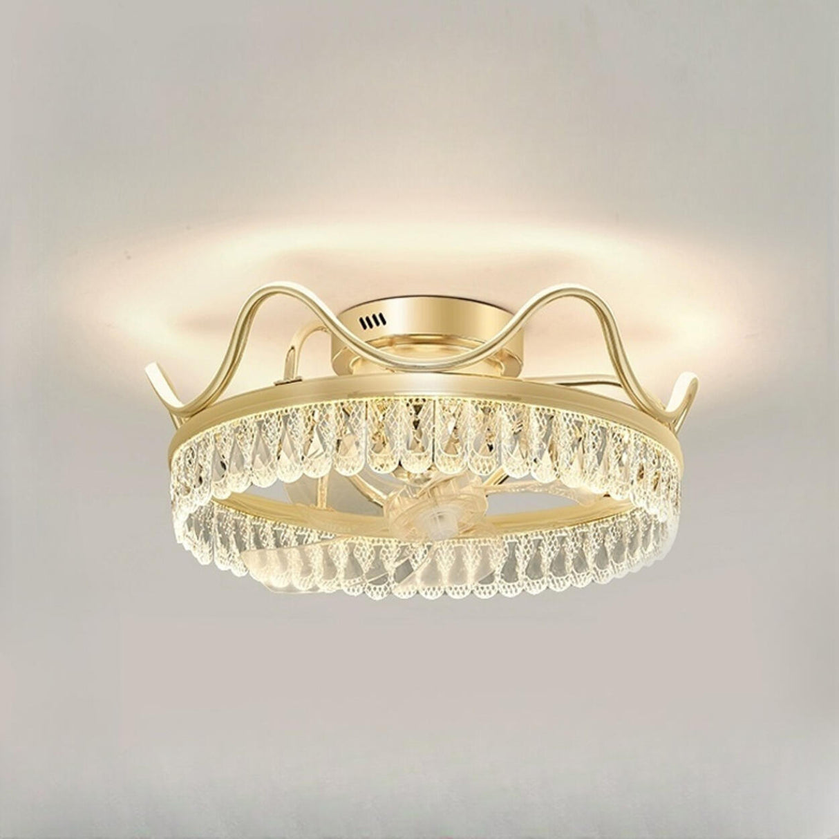 Gold Elegant Crown Crystal Flush Ceiling Fan with Light Image - 7