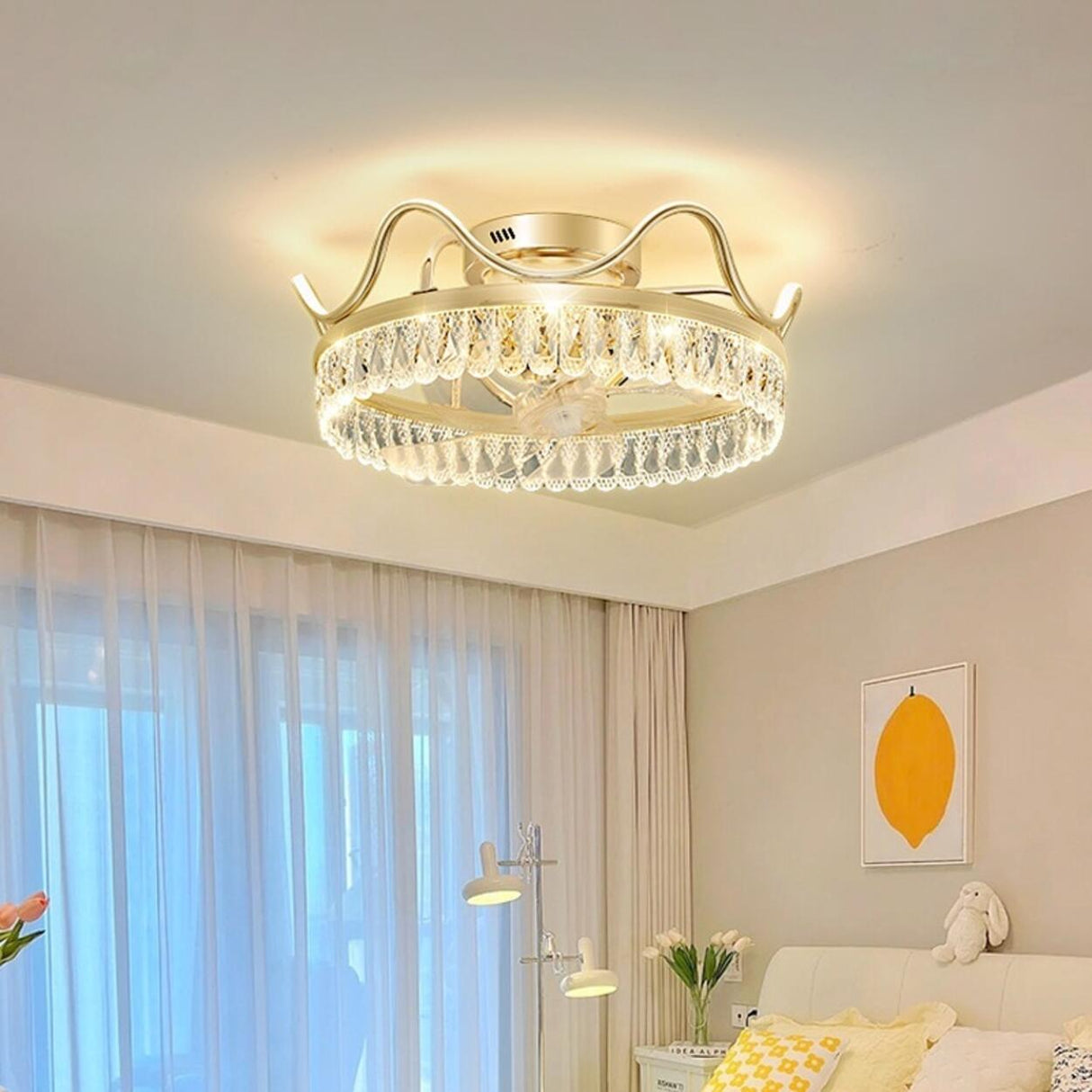 Gold Elegant Crown Crystal Flush Ceiling Fan with Light Image - 8