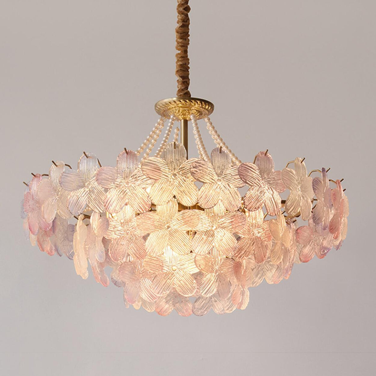 Gold Floral Clear Glass Chandelier, Adjustable Height Image - 8