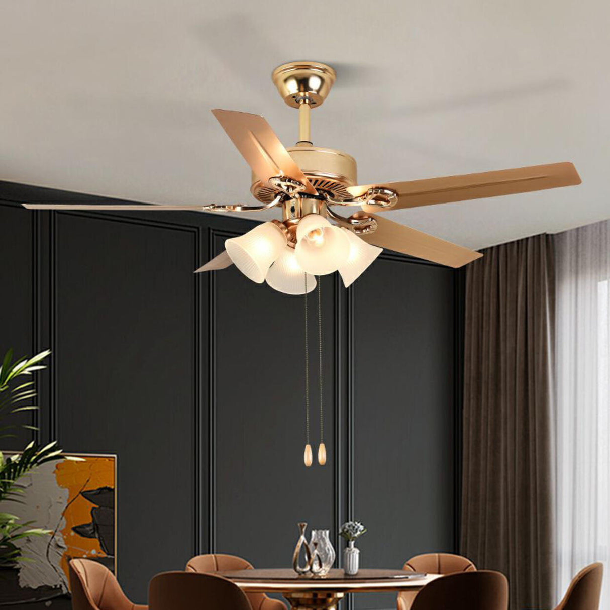 Gold Glass Floral Shade 5 Blade Ceiling Fan Light Image - 3