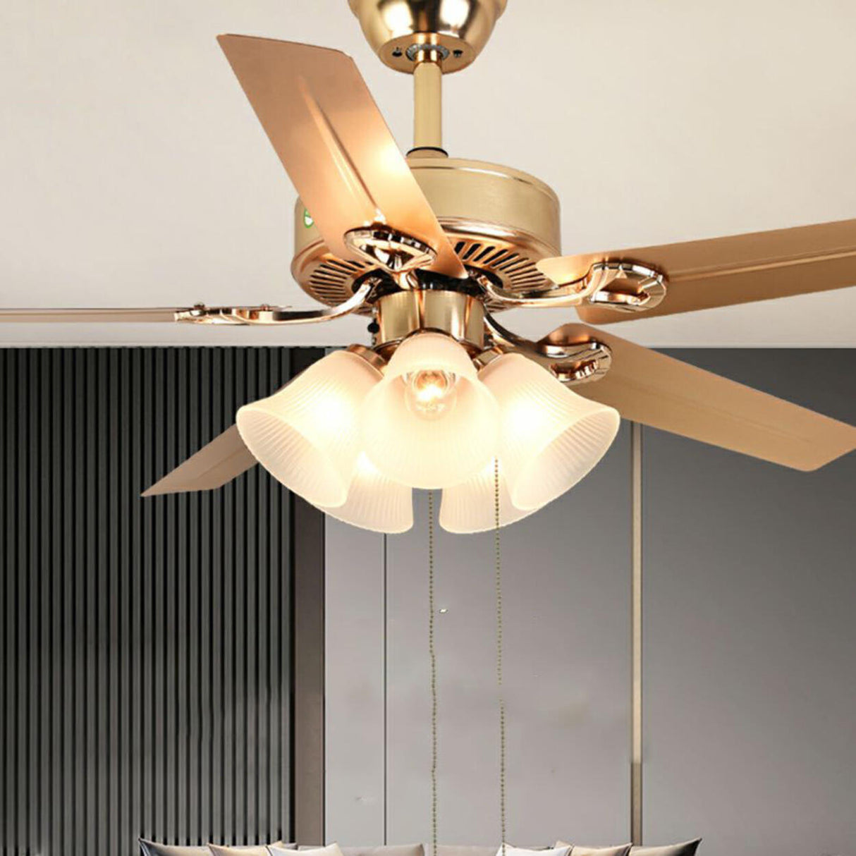 Gold Glass Floral Shade 5 Blade Ceiling Fan Light Image - 4