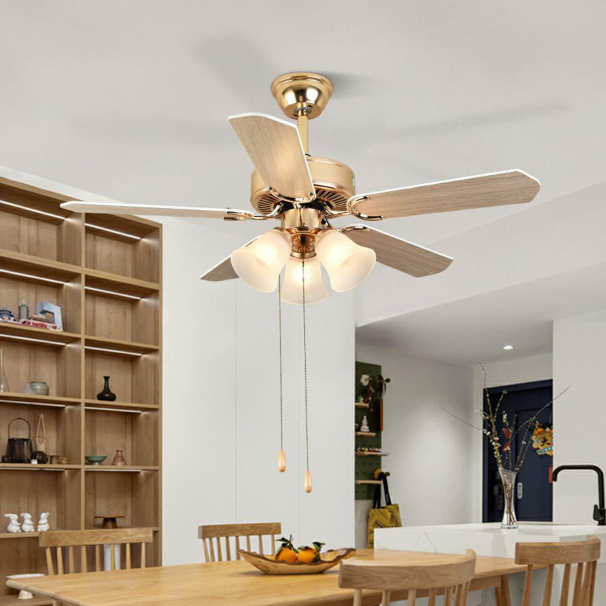Gold Glass Floral Shade 5 Blade Ceiling Fan Light Image - 6