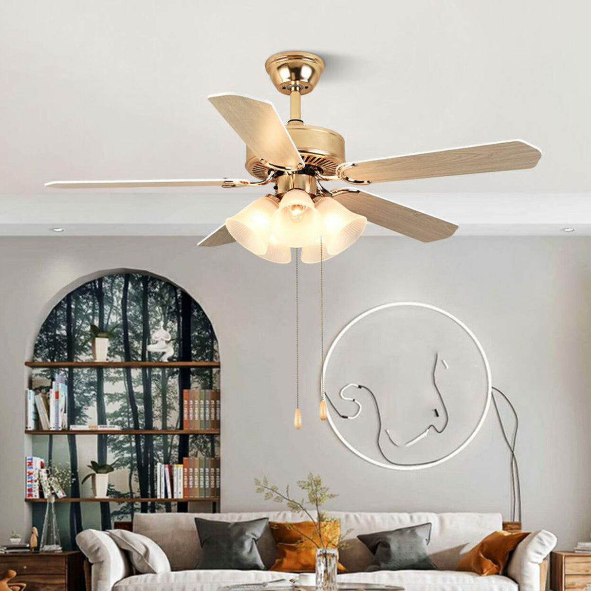 Gold Glass Floral Shade 5 Blade Ceiling Fan Light Image - 8