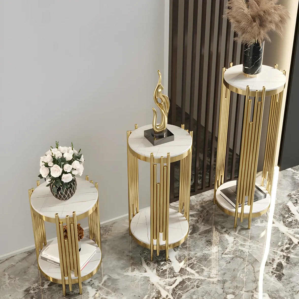 Gold Indoor Elegance Round Metal Plant Stand Table Image - 4
