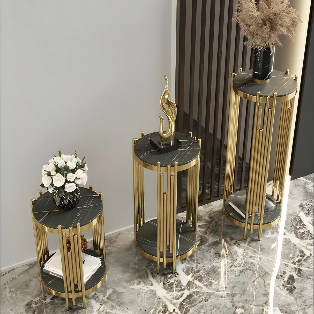 Gold Indoor Elegance Round Metal Plant Stand Table Image - 6
