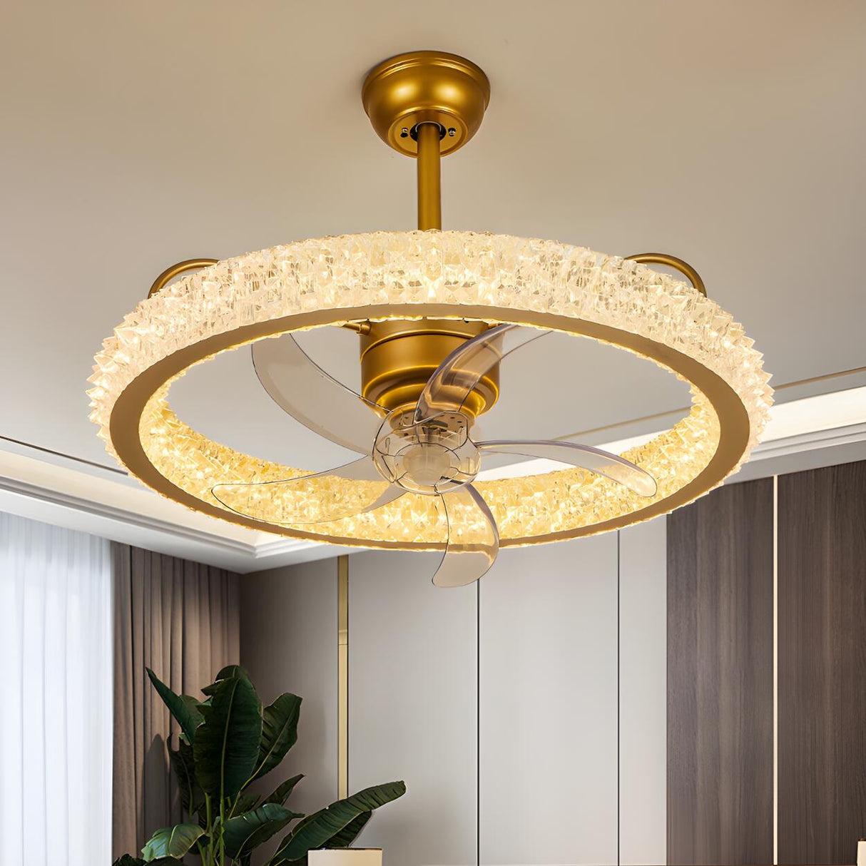 Gold Luxury Crystal Round Remote Ceiling Fan with Light Image - 1