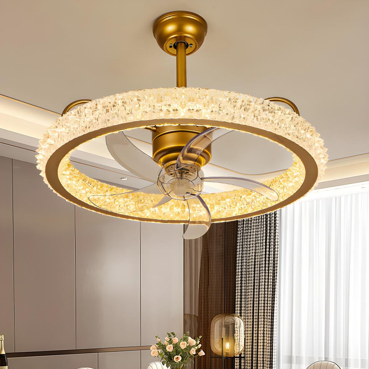 Gold Luxury Crystal Round Remote Ceiling Fan with Light Image - 14